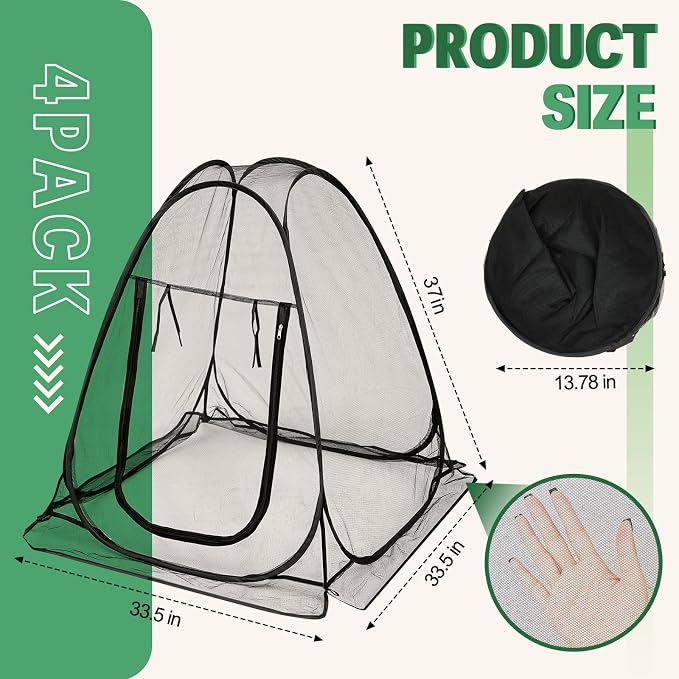 Domensi 4 Pcs Summer Pop Up Gardening Net Cover 33.5 x 33.5 x 37 Inch Pop up Mesh Plant Cover with 16 Ground Stakes for Vegetable Fruit Flower Plant Protectors from Animals Plant Tent Popup Greenhouse