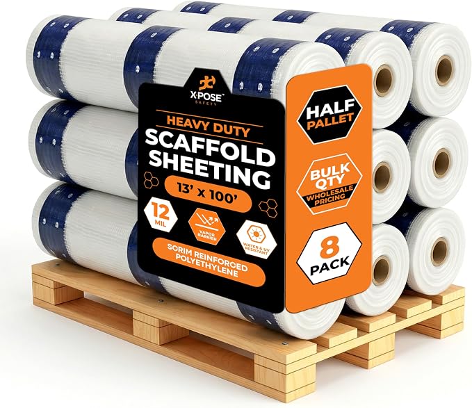 Xpose Safety Fire-Retardant Scaffold Sheeting 13' x 100' – Bulk Half Pallet 8 Packs – 12 Mil White Polyethylene, Heavy Duty Reinforced, UV, Tear-Resistant Construction Wrap for Weather Protection