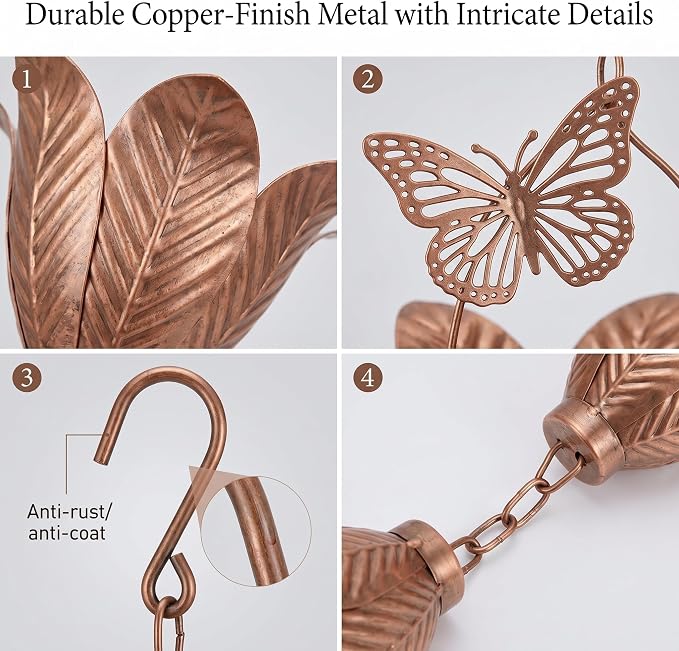 Topadorn Butterfly & Flower Rain Chain, 8.7 FT Copper Finish Metal Rain Chain for Gutters, Decorative Downspout Alternative for Garden, Patio & Yard Decor