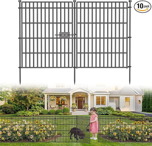 10 Panels No Dig Garden Fence with Gate, 28in(H) × 19.6ft(L) Decorative Metal Outdoor Dog Fence, Rustproof Pet Fencing for Yard, Patio, Flower Bed -Temporary Fencing| Easy to Install