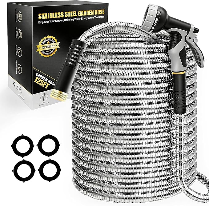 Lefree 125ft Stainless Steel Garden Hose - No-Kink Leak-Proof Crush Resistant, Dog Chew Proof with Upgraded Protective Rubber Sleeve, 10-Function Nozzle for Large Yard, Gardening, RV, Pet Bath