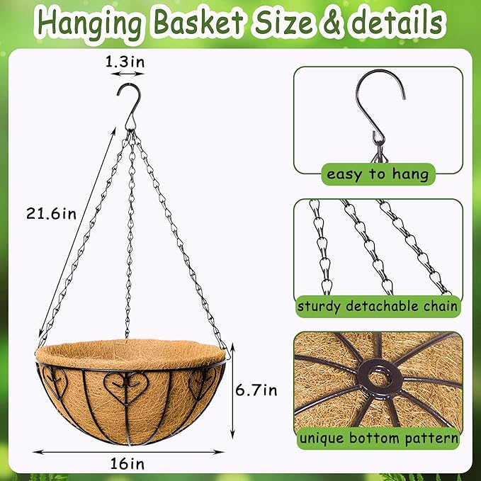 4pcs 16 inch Metal Hanging Baskets Round Wire Plant Stand with Coco Lining Cushion Decorative Planter Hanger Garden Indoor Outdoor Watering Hanging Basket （AX）