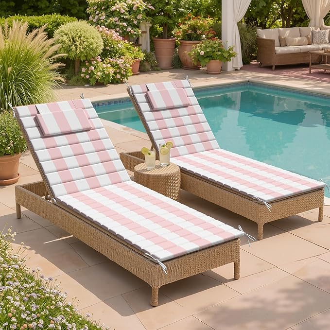 Crestlive Products Chaise Lounge Cushion Outdoor Set of 2, Waterproof Foldable Pool Lounge Chair Cushions with Straps 80''Lx26''W, Lounger Cushions for Outdoor Furniture, Patio, Pink Stripe