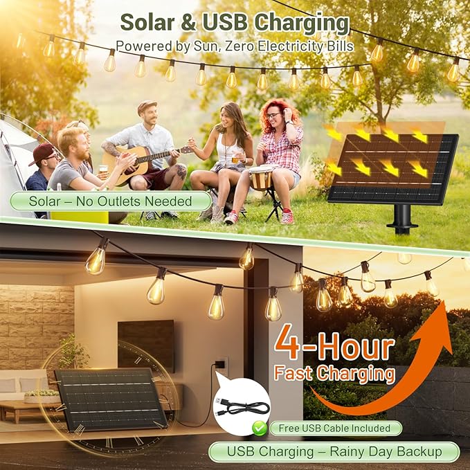 100FT Solar String Lights Outdoor Waterproof, 35+1 LED Shatterproof Bulbs Solar Powered with Remote & USB Port, 3 Light Modes Dimmable Patio Lights for Backyard, Garden, Camping