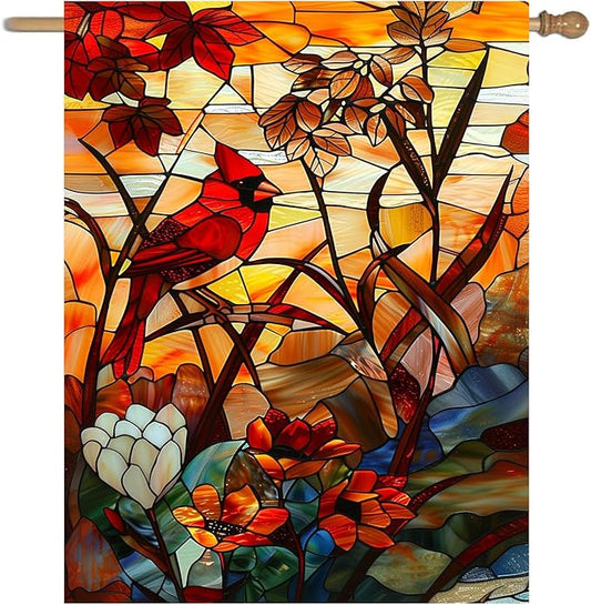 Stained Glass Cardinal Birds Garden Flag Spring Summer House Flag Fall Floral Decorative Yard Flags for Outside 28x40 Double Sided Large Seasonal Lawn Flags Rustic Outdoor Decor