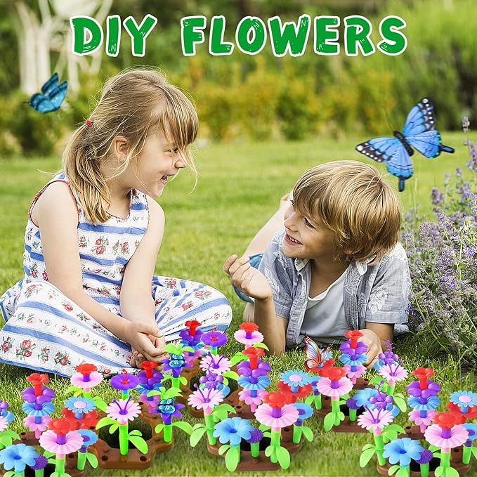 Qtioucp 16Pcs Kids Gardening Tools Outdoor Toys Set Backyard Play with 93 PCS DIY Flower Garden Building Preschool Activities (Green)