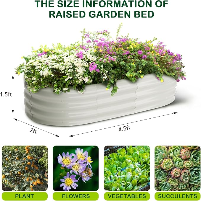 GarveeLife 2 Pcs 4.5x2x1.5ft Oval Raised Garden Bed,Galvanized Raised Beds,Open-Ended Base Metal Raised Planter Beds,Garden Bed Outdoor,Planter Raised Boxes for Vegetables,Flowers,Tool-Free Asse,White