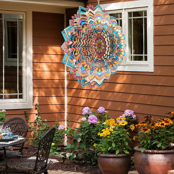 Mandala Daisy Wind Spinner - 12In 3D Kinetic Metal Wind Spinners, Stainless Steel Laser Cut Hanging Wind Sculpture, Indoor/Outdoor Garden & Yard Art Decor Gifts for Women, Men & Holidays