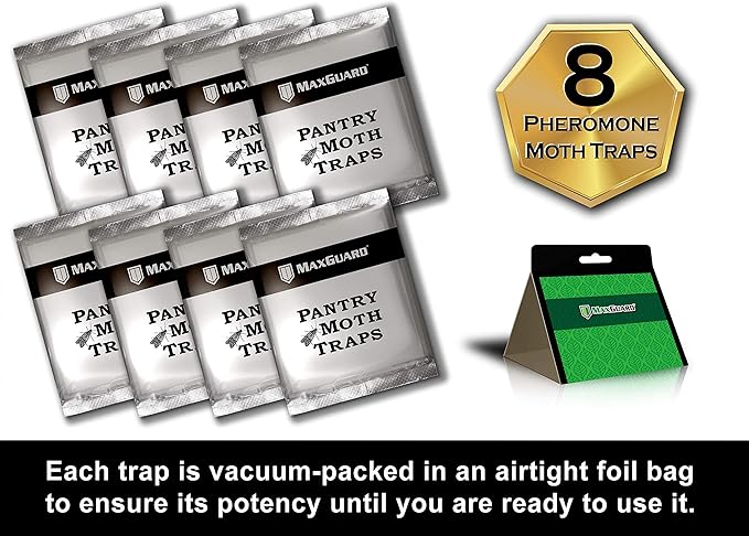 Maxguard Pantry Moth Traps (8 Pack) with Extra Strength Pheromones | Non-Toxic Sticky Glue Trap for Food and Cupboard Moths in Your Kitchen | Trap & Kill Pantry Pests |