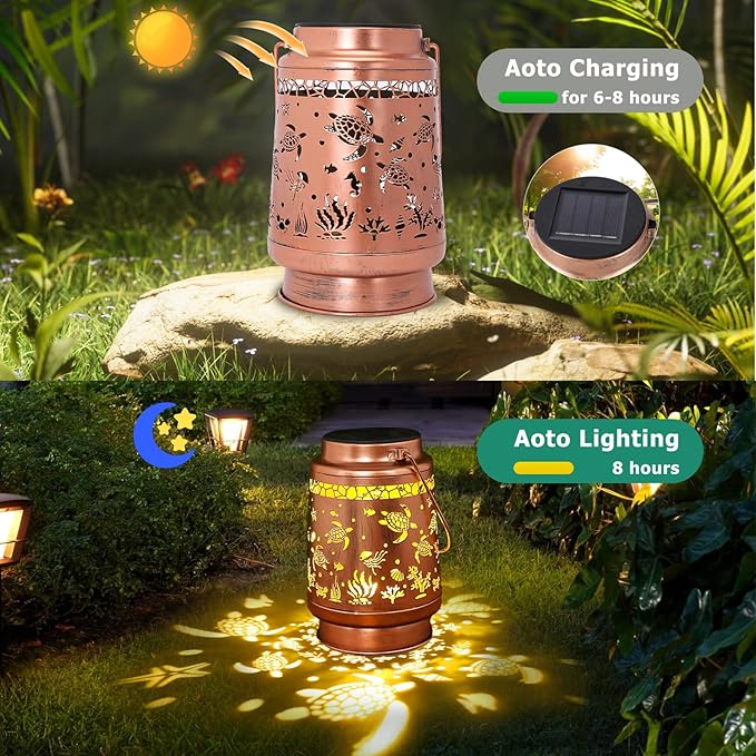 Turtle Gifts for Women Mom, Sea Turtle Solar Lantern Outdoor, Metal Hanging Garden Decor Light for Patio Yard Porch, Waterproof Solar Light Auto On/Off