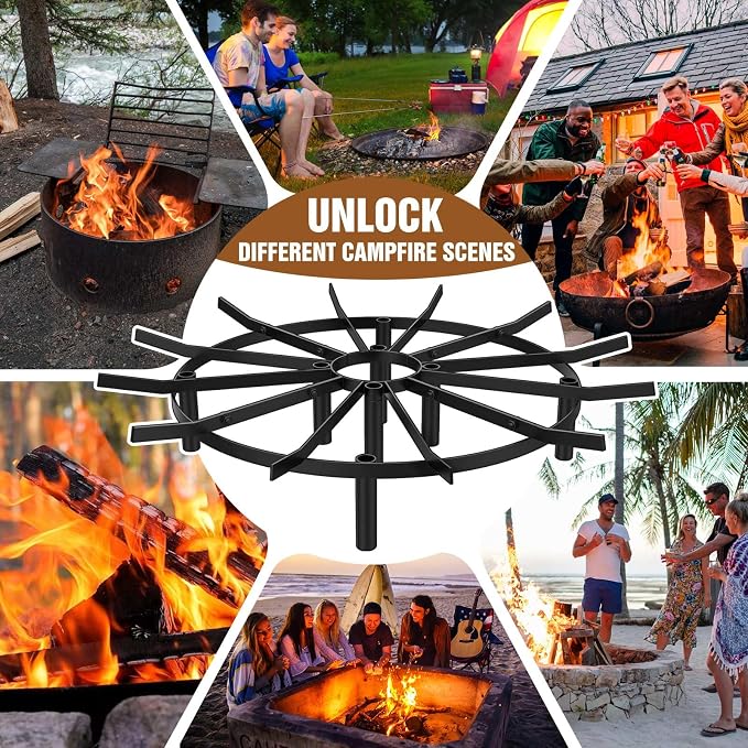 24" Round Fire Pit Grate - 8-Leg Design with 12 Bars, Reinforced Rim & High-Temp Powder Coat for Ultimate Stability & Safety - Ideal for Fireplace, Hearth, Wood Stove and Outdoor Campfire