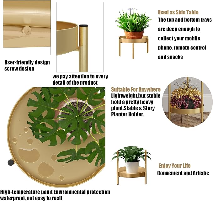 2 Tier Metal Flower Plants Holder with 2 Removable Display for Indoor or Outdoor,Pot Plant Planter Display (Gold 2P)