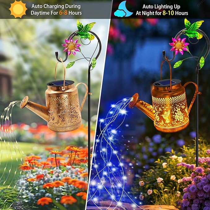 Solar Lanterns Outdoor Waterproof, Gift for Mom Grandma Women Wife Daughter Mother's Day, Blue Hummingbird Watering Can Light With Shepherd Hook, Solar Path Light Yard Art Outdoor Patio Garden Decor