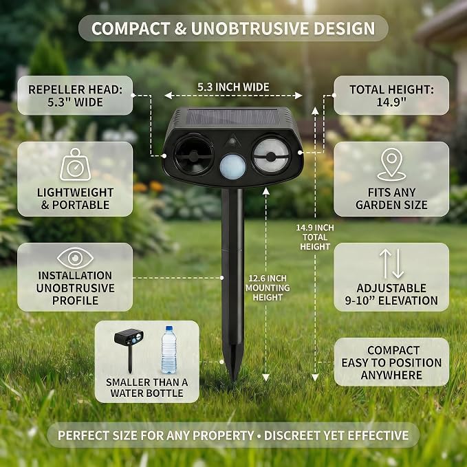 Solar Ultrasonic Animal Repeller Outdoor, Motion Sensor Waterproof Pest Deterrent, Raccoon Skunk Squirrel Rabbit Stray Dog Cat Repellent for Yard Garden Farm, 33ft 120° Coverage, 2 Pack Black
