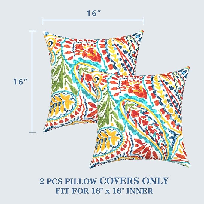 LVTXIII 2 Pack Outdoor Throw Pillow Covers for Patio Furniture, 16x16 Inch Square Pillow Case, Water-Repellent Cushion Covers for Garden, Porch, Sofa, Paisley Multi