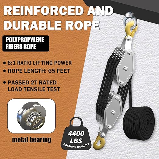 YATOINTO Rope Hoist Pulley System, 4400LB Pulley Block and Tackle, 8:1 Ratio Lifting Power 65ft, Heavy Duty Pulley Block for Hunting Lifting Heavy Objects Garage Warehouses Building