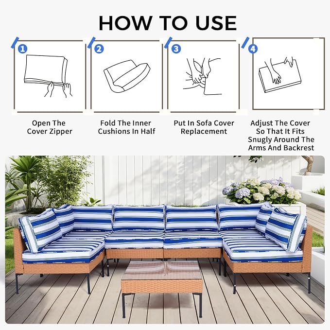14 Piece Outdoor Patio Cushion Covers Replacement Waterproof with Zipper for 6-Seater Sectional Couch Chair Patio Furniture Conversation Sofa Seat Cushions Slipcovers Set, Only Cover