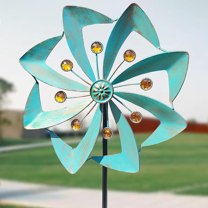 Metal Wind Spinners Outdoor, 360° Yard Wind Spinner Outdoor with Stake, Kinetic Windmill for Yard and Garden, Lawn, Patio, 33.5"× 10" (Green Copper)