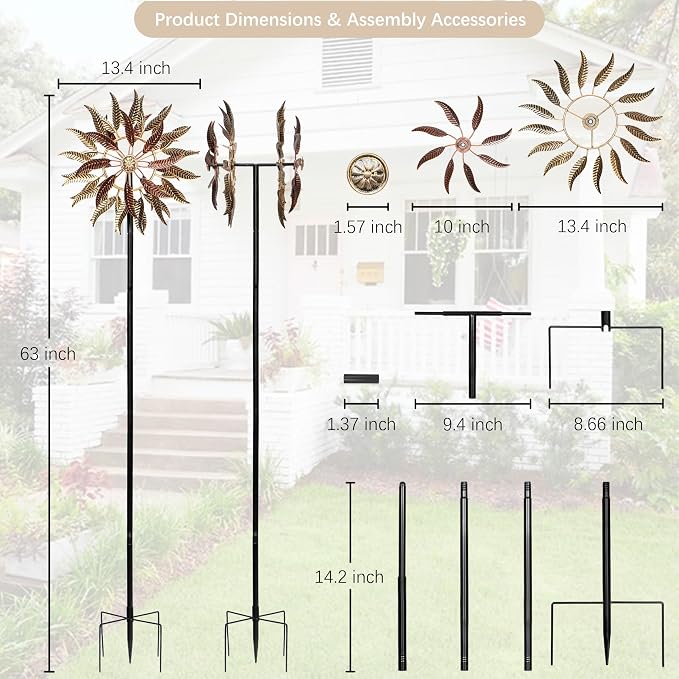 Large Wind Spinners Outdoor Metal, 360° Double-Layer Garden Wind Spinners Sculptures, 63" ×13.4", Kinetic Pinwheels for Yard and Garden Patio & Lawn (Blown)