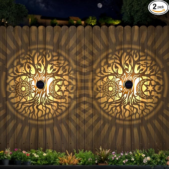 2 Pack Large Solar Fence Lights Metal Solar Powered Outdoor Wall Deck Step Lights Tree Theme Waterproof Fence Light for Garden Post Patio Backyard Yard Decor, Gardening Gifts for Women Mom Grandma