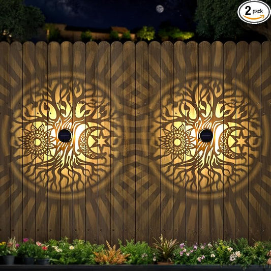 2 Pack Large Solar Fence Lights Metal Solar Powered Outdoor Wall Deck Step Lights Tree Theme Waterproof Fence Light for Garden Post Patio Backyard Yard Decor, Gardening Gifts for Women Mom Grandma