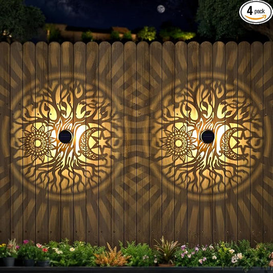 4 Pack Large Solar Fence Lights Metal Solar Powered Outdoor Wall Deck Step Lights Tree Theme Waterproof Fence Light for Garden Post Patio Backyard Yard Decor, Gardening Gifts for Women Mom Grandma