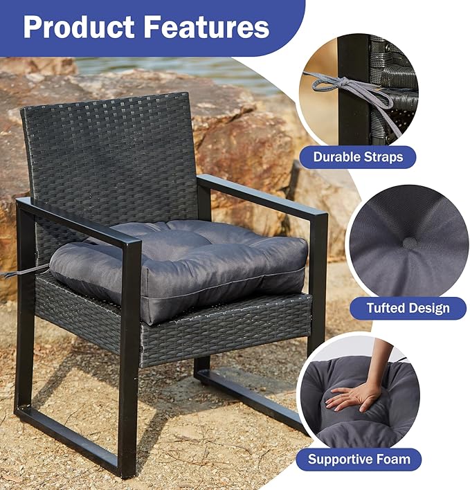 IPYNBAP Outdoor Chair Cushions Set of 4, Patio Chair Cushions with Ties, 19x19+5” Tufted Outdoor Seat Cushions, Waterproof Patio Furniture Cushions, Outdoor Dining Chair Pads, Dark Grey