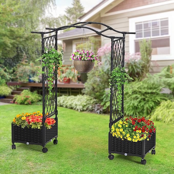 FOLLOOK Planter Box with Trellis Outdoor, 57in Plastic Raised Garden Bed with Trellis Hanging Roof for Vine Flower, with Lockable Wheels & Drain Plug for Patio Backyard Balcony, Black, 1 Pc