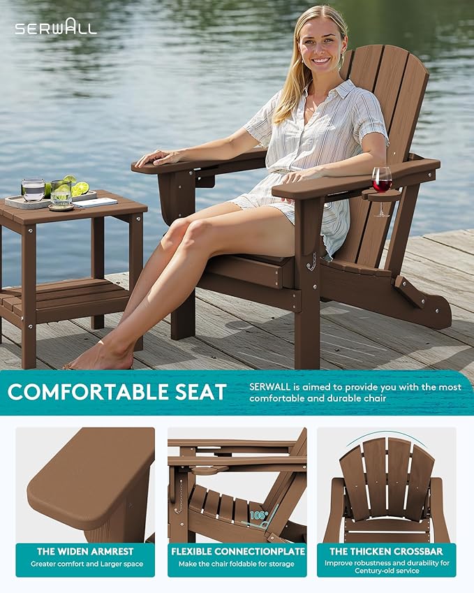 SERWALL Folding Adirondack Chair with Dual Cup Holder,1 Pack-Classic,Brown