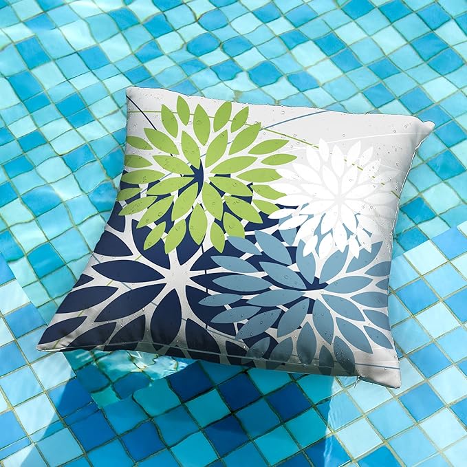 DFXSZ Outdoor Throw Pillow Covers 24x24 Inch Set of 2 Waterproof Spring Summer Geometric Elegant Blue Green Outdoor Pillow Covers for Patio Funiture Garden Couch 158Y24