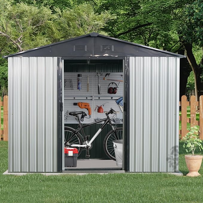 KEIKI 8x4 FT Outdoor Metal Storage Shed with Peaked Roof,Air Vents,Window and Metal Foundation for Garden Yard