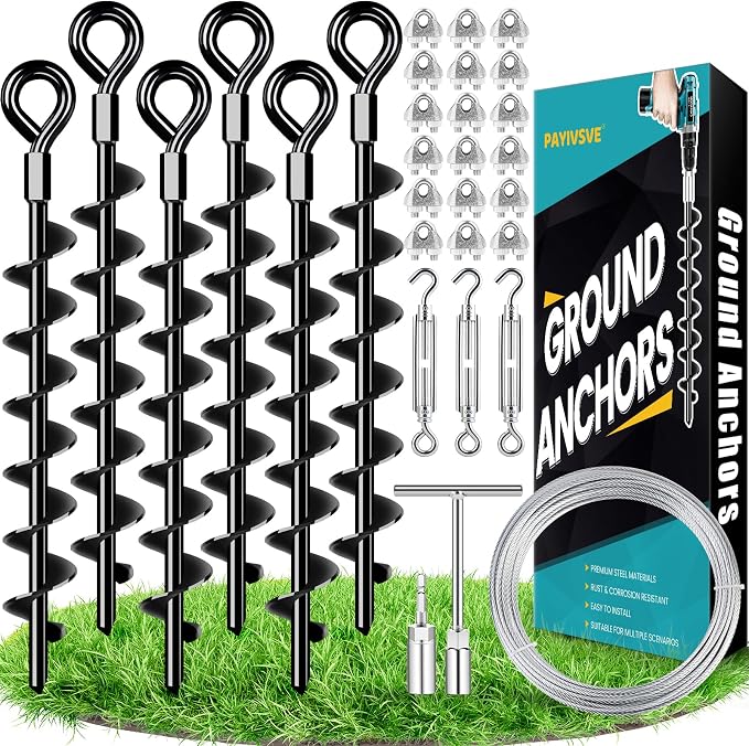 Ground Anchors Shed Anchors Kit with 1/8" Galvanized Cable and Turnbuckles, Trampoline Stakes Heavy Duty Earth Anchor for Sheds Canopy Gazebo Mobile Home Swing Set(6x15in)