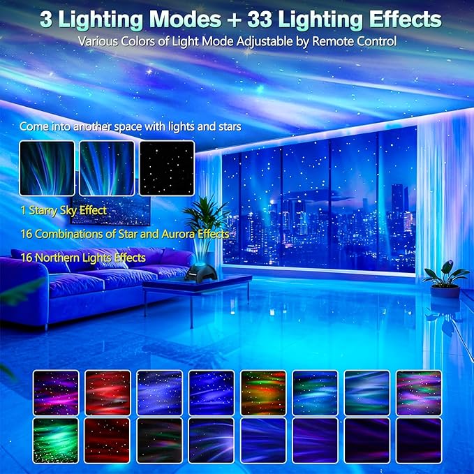 Northern Galaxy Light Aurora Projector, Star Projector with 33 Light Effects, Starry Nebula LED Lamp for Bedroom with Remote Control, White Noise, Kids/Adults Room Decor, Bluetooth Speaker for Parties