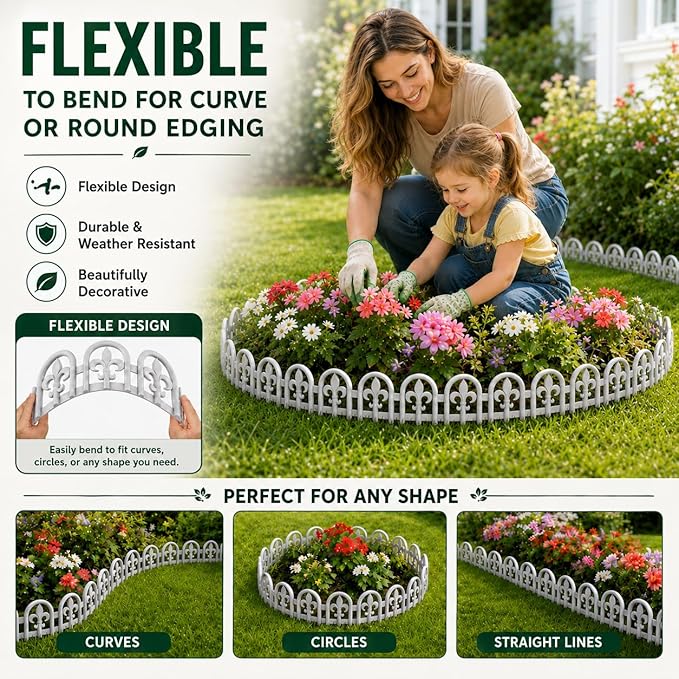 Evelyne White Garden Border Plastic Edging – PP Plastic, Short Metal-Free Wrought Iron Look Design, 27pcs Yard Landscaping Fence Liner Lawn Edge Barrier, 35ft Kit of Decorative Lawn Landscape Panels