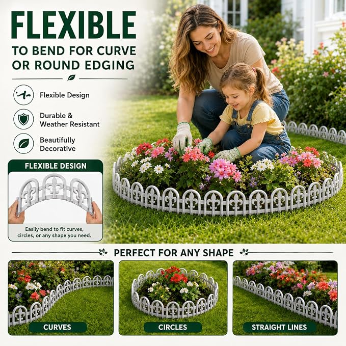 Evelyne White Garden Border Plastic Edging – PP Plastic, Short Metal-Free Wrought Iron Look Design, 15pcs Yard Landscaping Fence Liner Lawn Edge Barrier, 20ft Kit of Decorative Lawn Landscape Panels