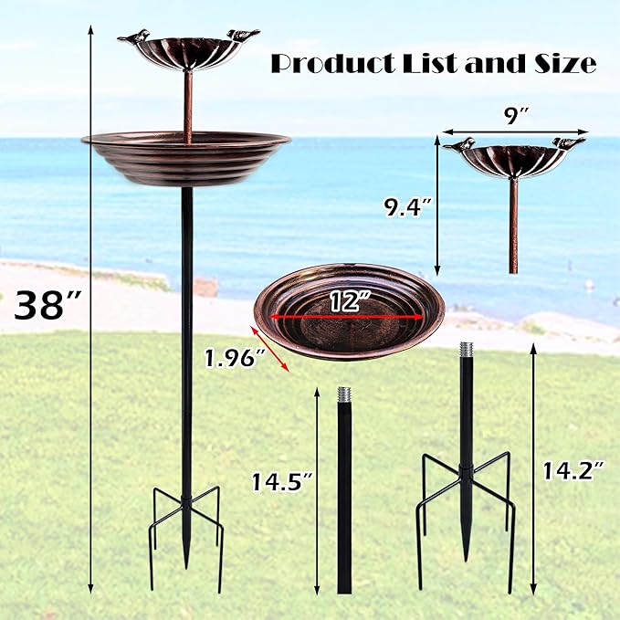 JOYBEE 38In Metal Double Bird Bathtub Stake for Outside, Vintage Freestanding Birdbaths, Bird Baths Feeder Bowl for Outdoors Garden Patio Yard Lawn Decor, Upgraded 5-Pronged Base (Brown