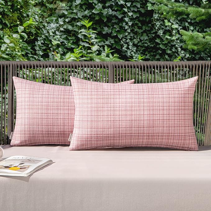MIULEE Outdoor Waterproof Throw Pillow Covers Decorative Farmhouse Water Resistant Cushion Covers for Tent Patio Garden Couch Sofa Pack of 2, 12x20 Inch Pink