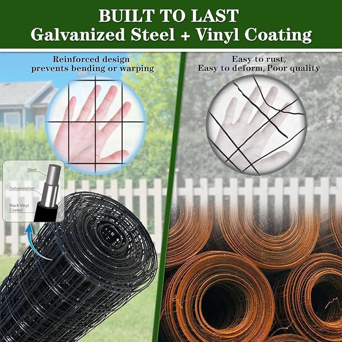 Black PVC Coated Welded Wire Fencing 36 Inch x 50 Foot, 2 Inch x 3 Inch 16GA, Garden Border Fence Roll Vinyl Coating Metal Wire Mesh for Yard Vegetable Plant Protection Poultry Netting
