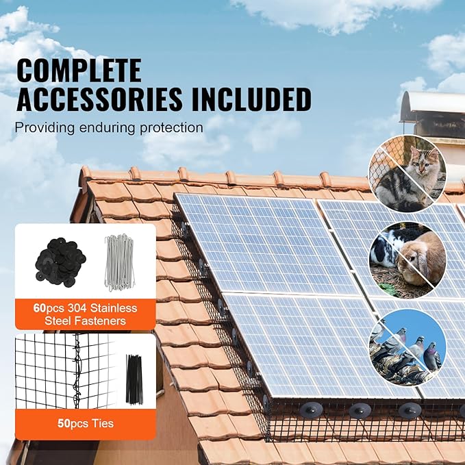 VEVOR 6 inch x 100ft Solar Panel Bird Guard, Critter Guard Roll Kit with 60pcs Durable Metal Fasteners, Solar Panel Guard with Rust-Proof PVC Coating, 1/2 inch Wire Roll Mesh
