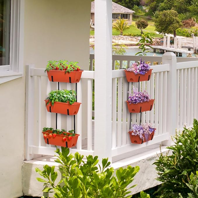 OYEAL Hanging Flower Pots for Railing Fence Outdoor Window Boxes Planter with Adjustable Hooks, Set of 2 Deck Rail Planters with 6 Detachable Plastic Planter Boxes, Drainage Holes, Brick Red