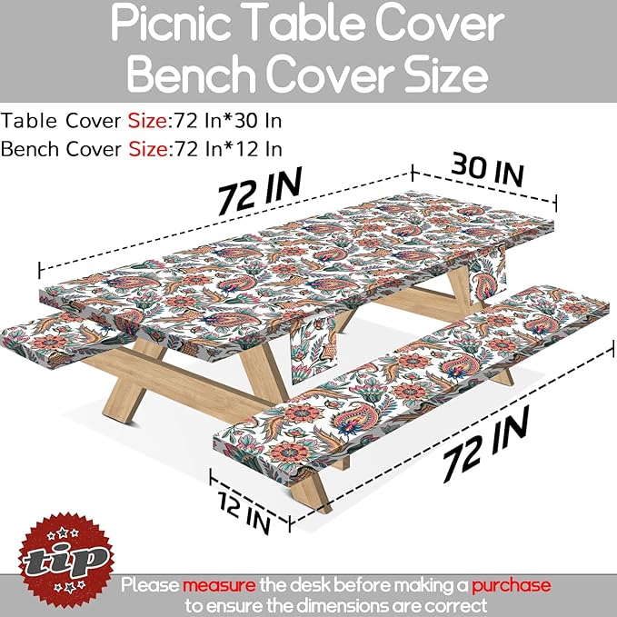 Fitted Waterproof Picnic Table Cover with Bench Covers Heavy Duty Elastic Outdoor Camping Tablecloth for 6 Foot Rectangle Tables Summer Rv Accessories Patio Garden Road Trip Essentials Gifts