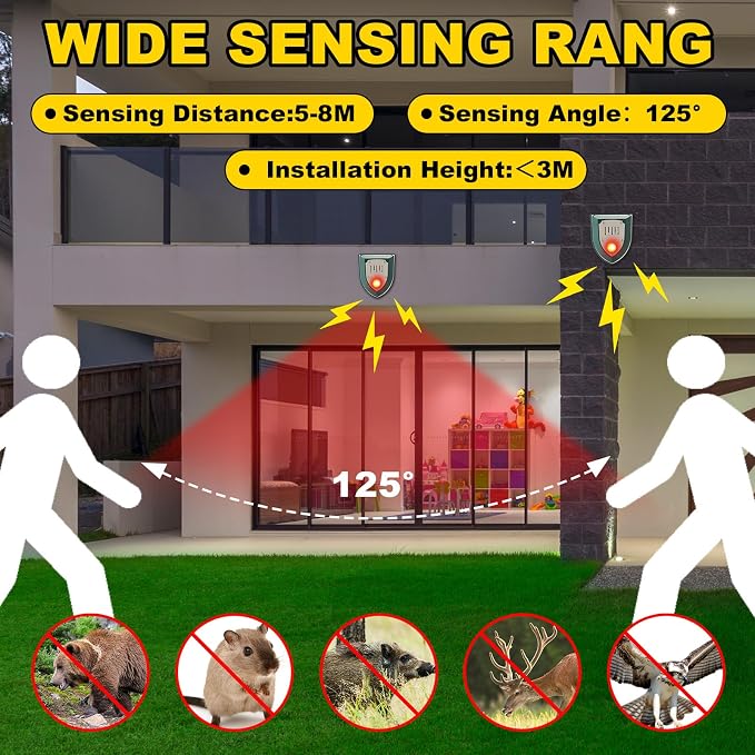 6 Pack Solar Motion Sensor Alarm Detector Outdoor Ultrasonic Animal Repellent with 129db Sound LED Strobe Light Outdoor Security Siren Deer Deterrent Raccoon Repeller for Home Yard Garden Farm