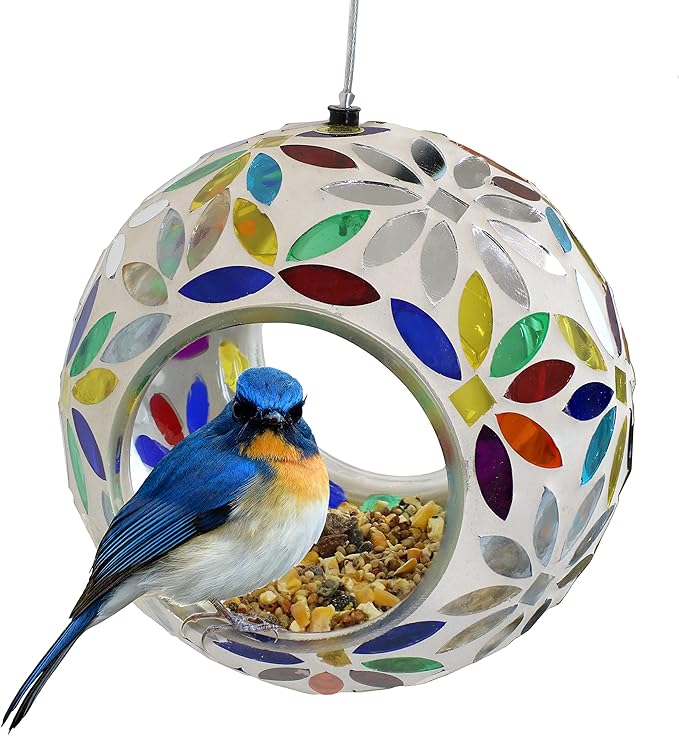 Sunnydaze 6-Inch Glass Mosaic Hanging Bird Feeder for Outdoors - Fly-Through Glass Bird Feeder for Cardinals, Jays, Finches and More - Rainbow Daisies