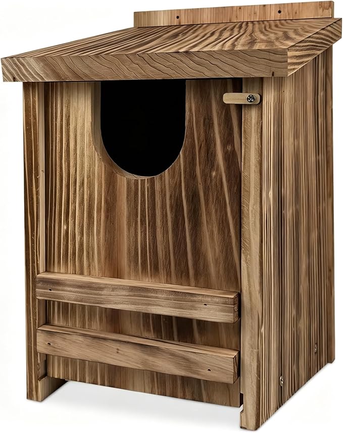 Pine Wood Owl Nesting Box with Shavings for Screech Owls & American Kestrels, 14" x 9" x 9" Outdoor Owl House, Weatherproof, Durable & Easy to Install, Charred Brown Color