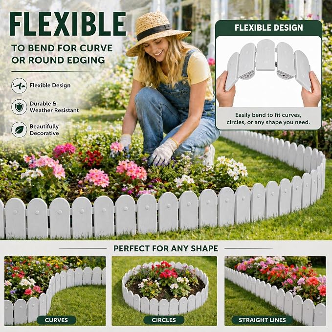Evelyne Garden Border Plastic Edging: Wooden Fence Design - 8pcs Gray Yard Landscaping Fence Liner Lawn Edge Barrier - 10ft Kit of Decorative Lawn Panels Elements -Landscaping Edging-GMT-10374-E08