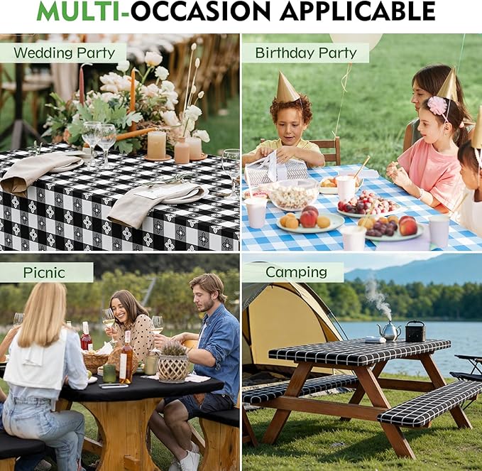 Picnic Table Cover with Bench Covers, Fitted 6ft Waterproof Tablecloth Set for Outdoor Camping & RV - Includes 1 Table Cover & 2 Bench Covers with Drawstring Storage Bag, 30"x72", Four-leaf Clover