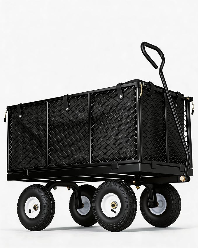 GarveeTech 800LBS Heavy Duty Steel Garden Cart, Garden Wagon Cart on Wheels, Metal Yard Utility Wagon with Removable Mesh Sides, 10" All Terrain Tires, 180° Rotating Handle for Lawn, Garden, Farm