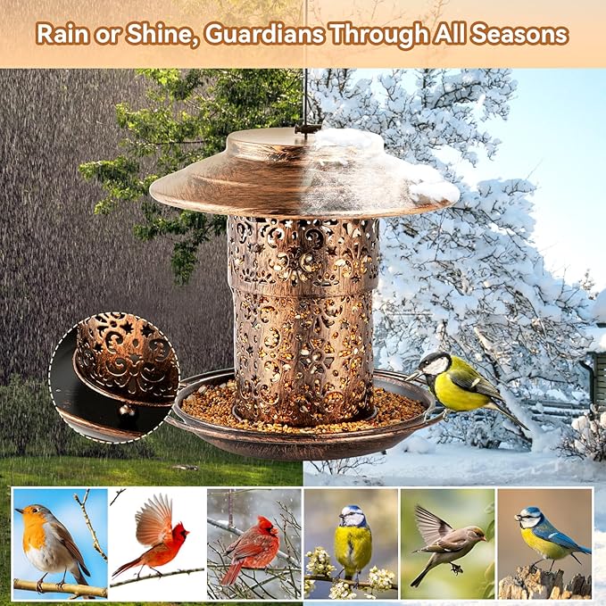 Metal Bird Feeders for Outdoors Hanging, Weather Resistant Wild Bird Feeder with 360 Degree Feeding Tray (Copper)