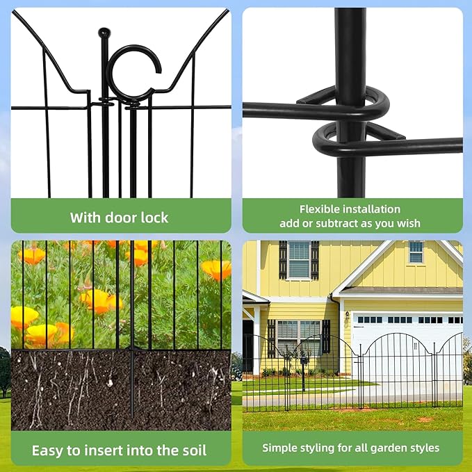 Blingluck Decorative Metal Garden Fence with Gate Lock 10 Panels, 24in (H) x 20ft (L) No Dig Dog Fence Outdoor for Yard, Temporary Rustproof Metal Wire Rabbit Dog Garden Border Fencing for Patio