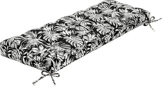 Outdoor Bench Cushion, Tufted Patio Seat Pad for Garden Bench, Porch Swing, Indoor/Outoor Furniture (Black White Leaf, 48X18X4 inch)